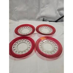 Vintage Ruby Red Flashed Glass Thumbprint Lunch Plates Set of 4 8 inch